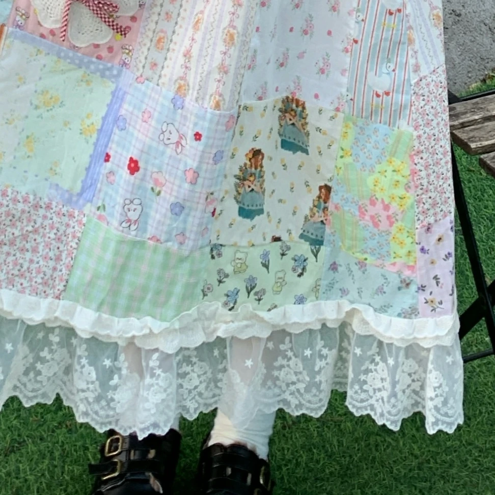 Women Cotton Patchwork Ruffled Lace Midi Skirt Vintage Retro Chic Cottagecore Kawaii Sweet Cute Lolita Makaron Color Long Skirt