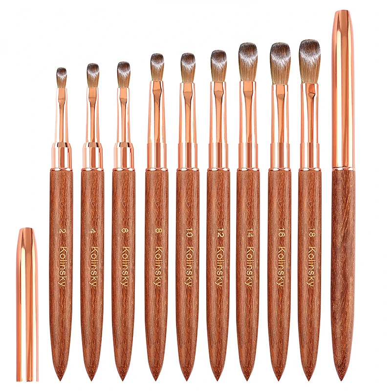 100% Kolinsky Acrylic Nail Brush with Rose Gold Sandalwood Crimped Handle for Acrylic Powder 3D Nail Salon Size 2-18