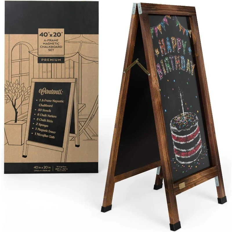 40x20 Inch A-Frame Chalkboard Easel Set, Outdoor Chalkboard Sign with Chalk Sticks, Chalk Markers, Erasers, and Stencils,