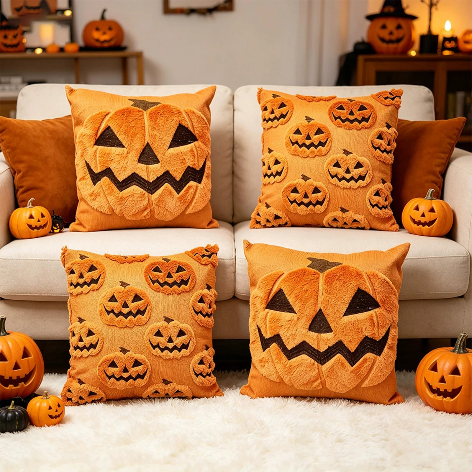 18x18 Halloween Cushion Cover Pumpkin Ghost Plush Faux Fur Embroidery Hidden Zipper Sofa Couch Party Decor