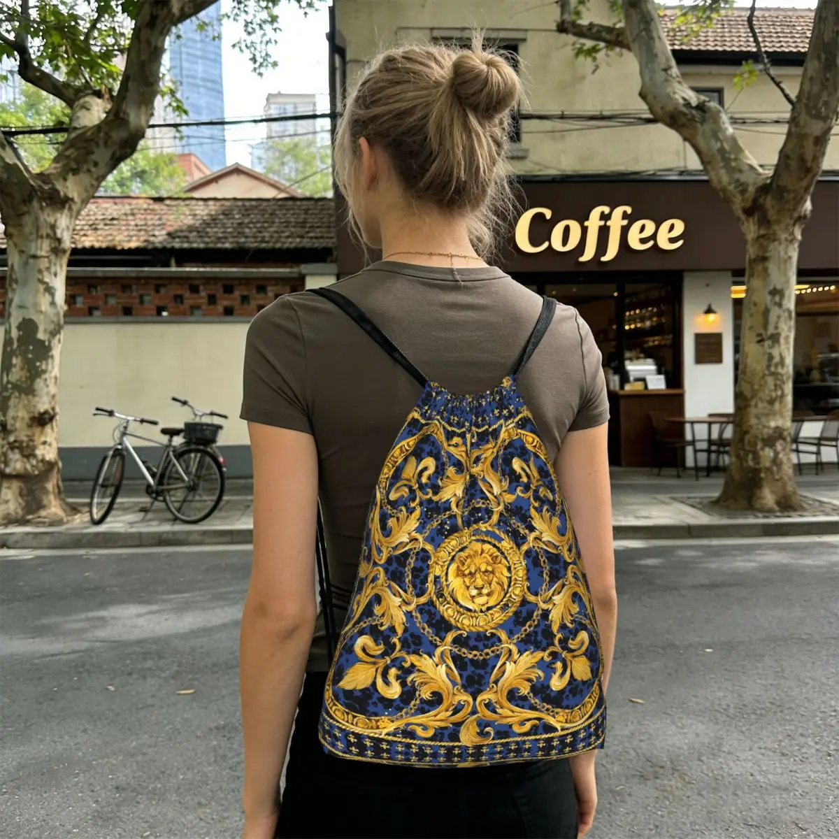 Golden Lion Baroque And Damask Ornament Backpacks Portable Drawstring Bags Shoes Bag Book Bags for Travel School