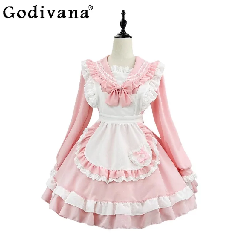 코스프레 학교 메이드 복장 여성 귀여운 아카데미 선원 로리타 긴 소매 메이드 복장 웨이트리스 파티 의상을위한 소녀 의상