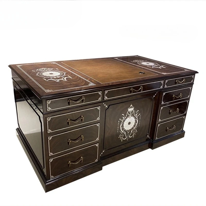 

European-style desk, imported mahogany core solid wood computer desk, Alexander classical inlaid shell