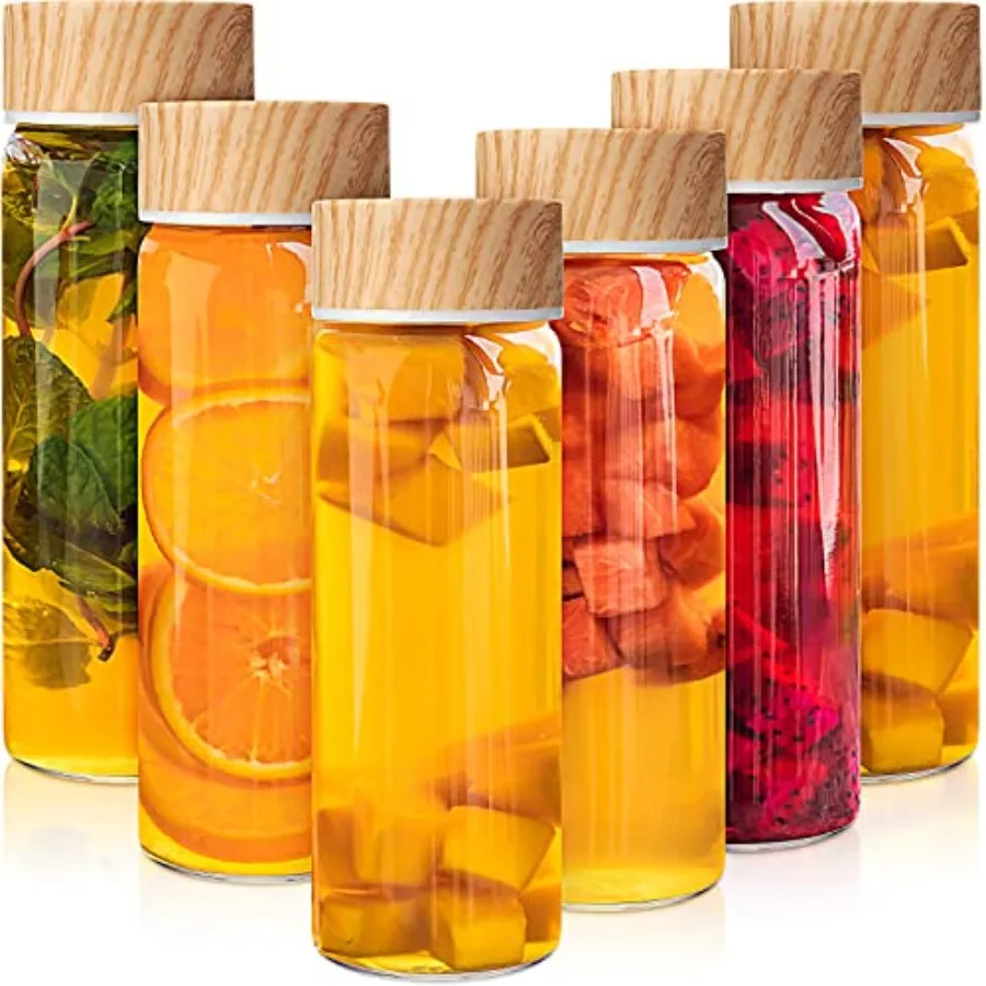 

6 Pack 16 oz Glass Juice Bottles with Lids Wide Mouth Water Bottles Reusable Juice Containers with Bamboo Airtight Lids Milk Ju