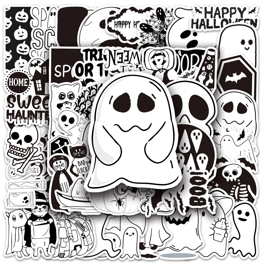 Pegatinas geniales de fantasma de Halloween, calcomanía de dibujos animados para ordenador portátil, coche, bicicleta, equipaje, impermeable, color blanco y negro, 10/30/50 piezas