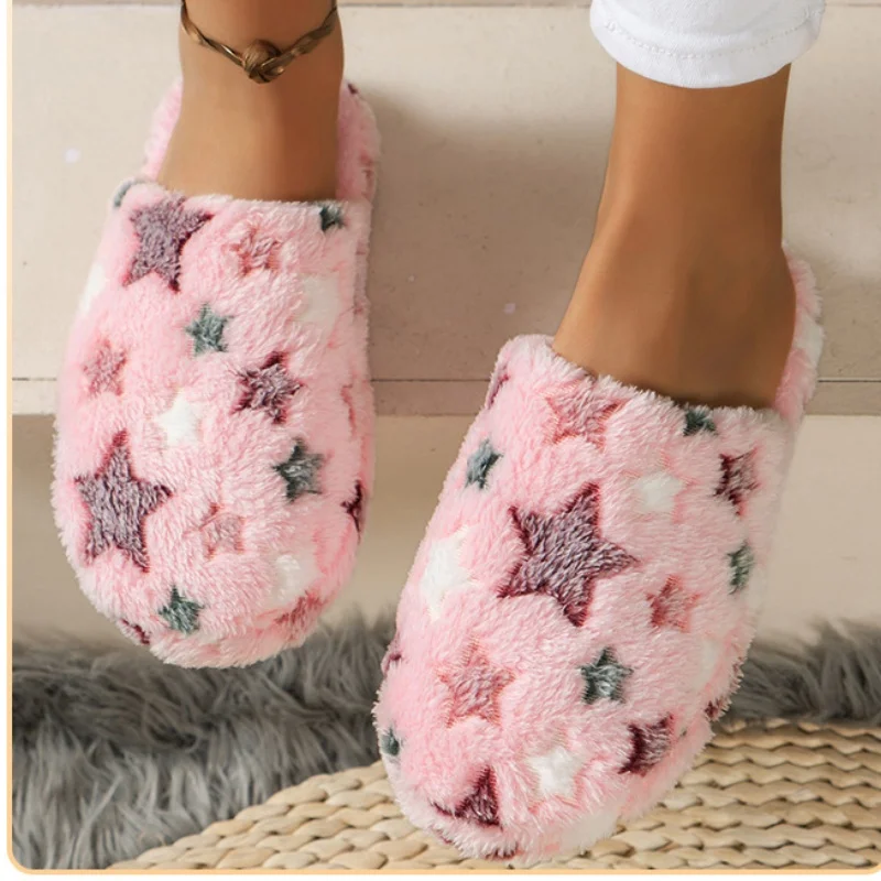 Five-pointed Stars Women Home Soft Slippers Couples Winter Indoor Warm Bedroom Plush Slides Adults Cozy Quiet Plush Flat Sandals