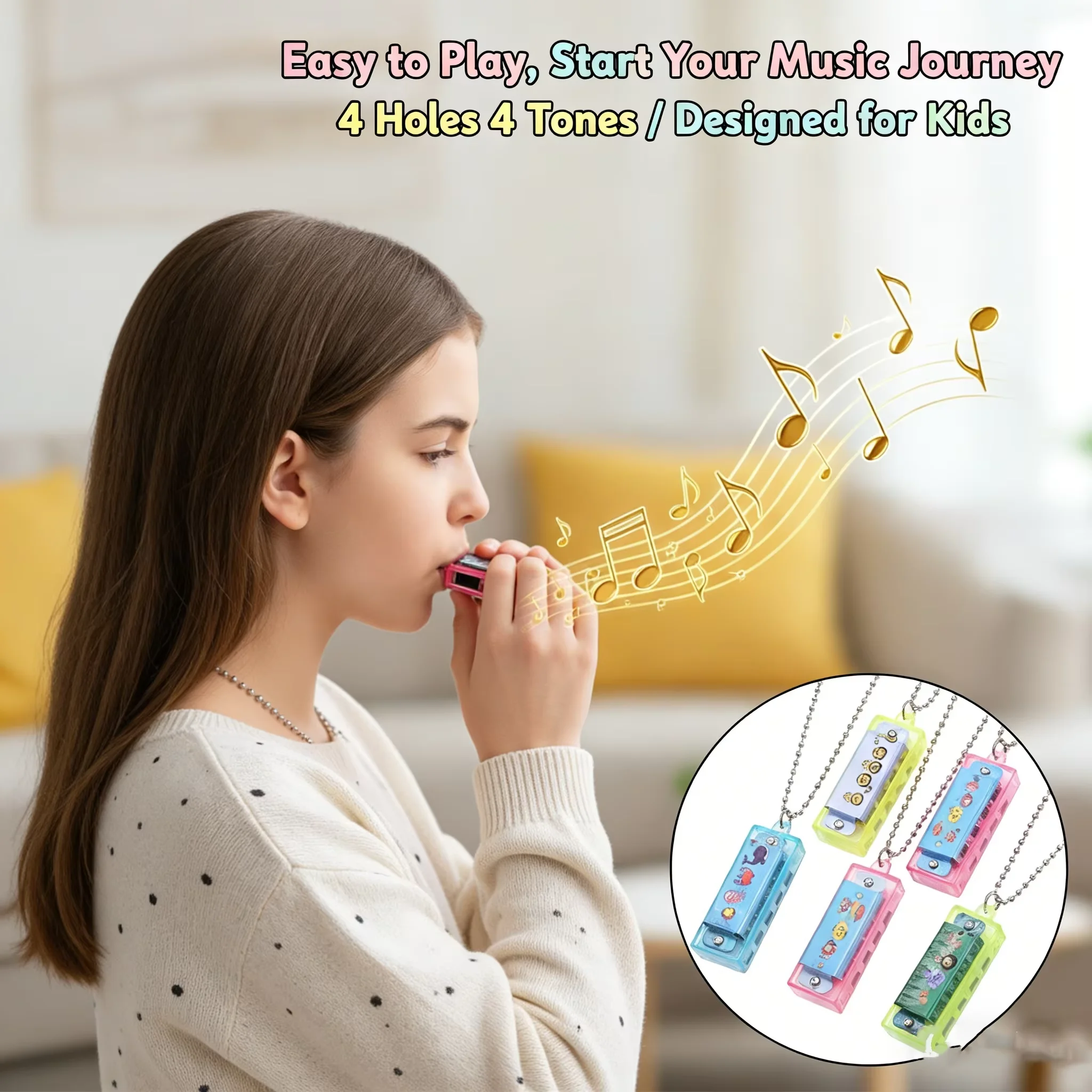 

10/20Pcs Cartoon Kids Mini Harmonica Necklace 4 Holes Colorful Musical Toy for Boys Girls Birthday Party Kindergarten Gift Favor