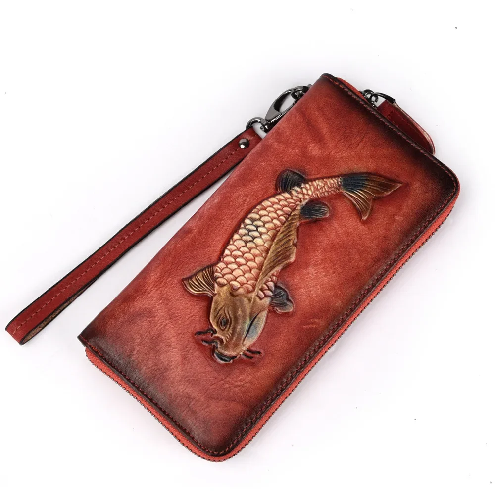 Vintage Wallet Long Zipper Leather Vintage Tree Paste Leather Wallet Casual Top Layer Cowhide Clutch Bag Phone Bag