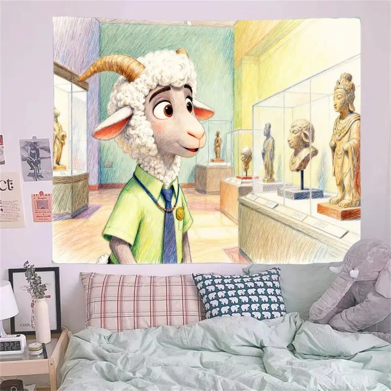 Tapiz del Museo de ovejas Zootopia Bellwether, arte de la pared de dibujos animados, decoración del hogar de poliéster, regalo estético para dormitorio, sala de estar, 1 ud.