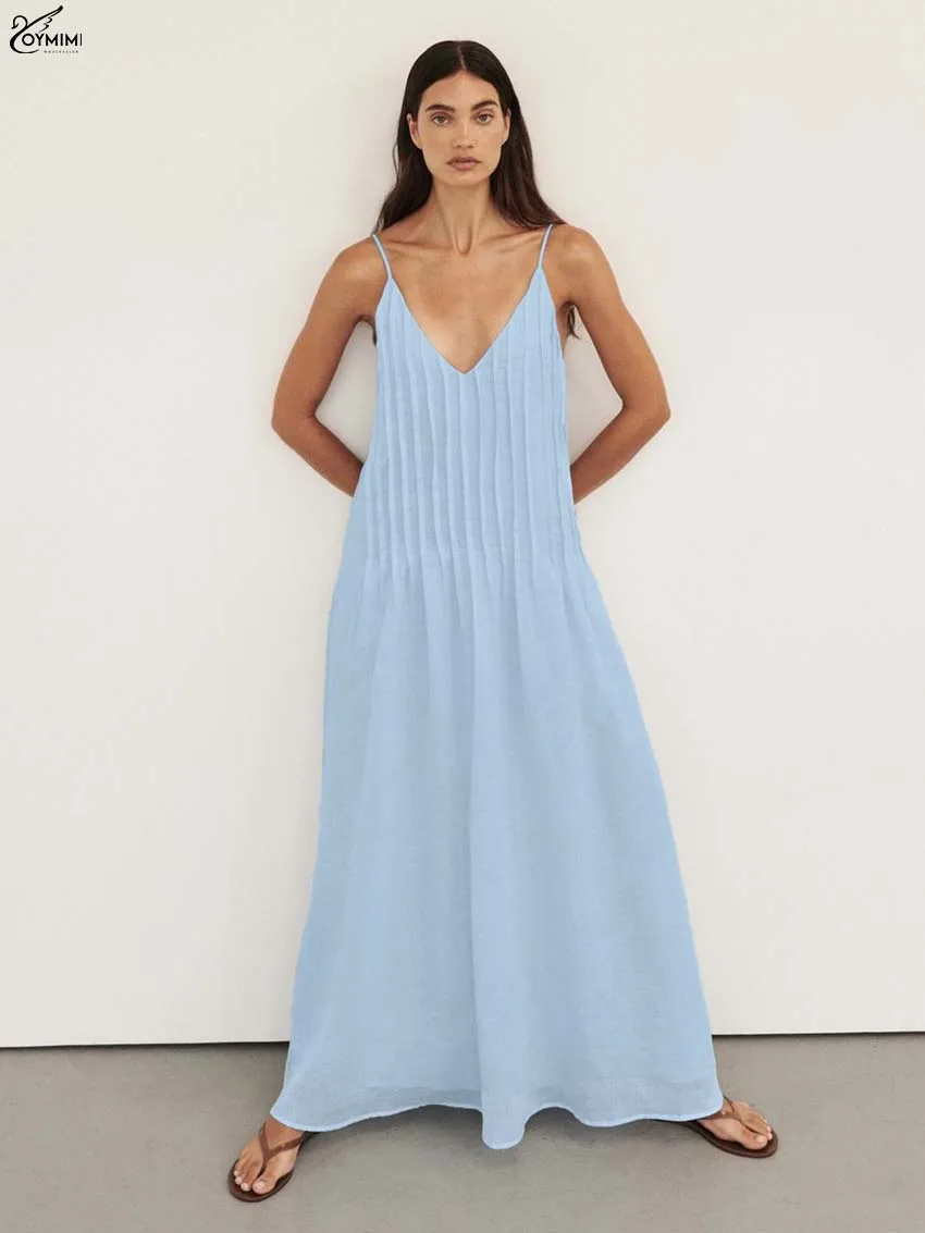 

Oymimi Fashion Blue Cotton Womens Dresses Elegant Spaghetti Strap Deep V-Neck Dresses Casual Loose Floor-Length Dress Streetwear