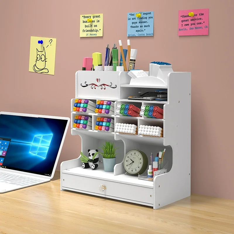 

White Desktop Organizer with Drawer, Multi-Compartment Pen Holder for Stationery Office Supplies