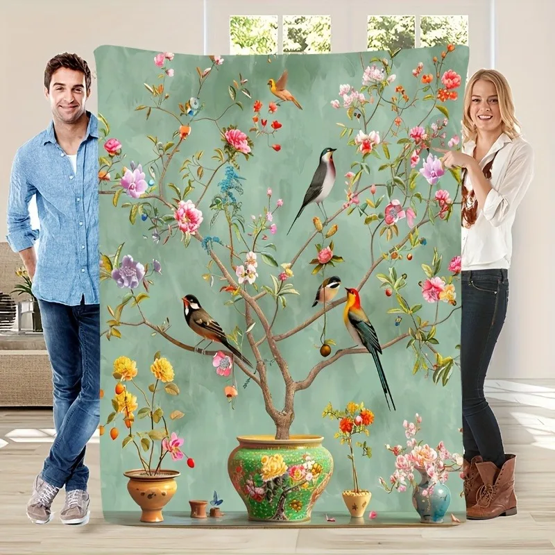 Vase Flower Tree Color Bird Light Cyan Base Print Blanket, Light Flannel Throw For Couch Room, Oriental Floral Daily Blanket