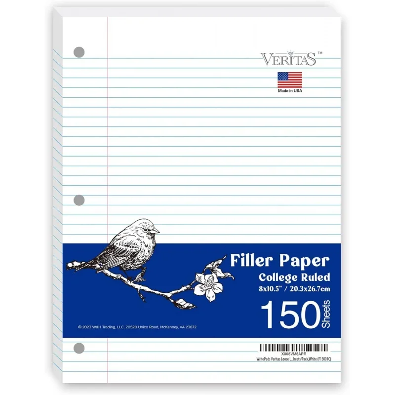 Notebook Paper Bulk Loose Leaf Paper,8x10-1/2 College Ruled Filler Paper,3 Hole Punched Binder Paper 3 Ring Binder, 150 Sh