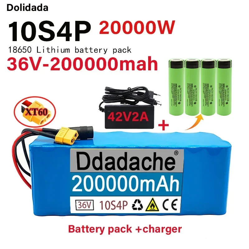 Grande Capacidade 18650 Bateria de Lítio para Bicicleta, 100% Original, BMS, XT60 Plug, Frete Grátis, 36V, 10s4p, 20000W, Novo