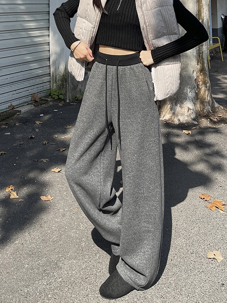 กางเกงขายาวเอวสูงทรงหลวมบุซับในสำหรับผู้หญิง กางเกงลำลองผ้าทิ้นเนื้อนุ่มใส่สบายสำหรับฤดูใบไม้ร่วงและฤดูหนาว