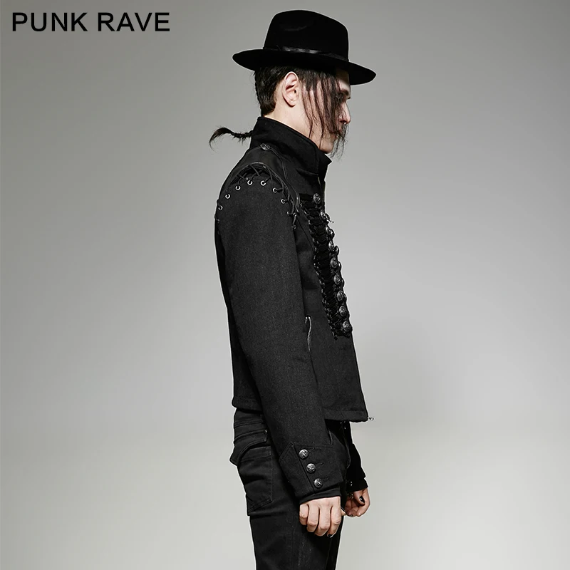 PUNK RAVE Steampunk Military Uniform Men Short Coat Black Rugged Denim Fabric Removable Sleeves Jacket Retro Rock Clothing Y721