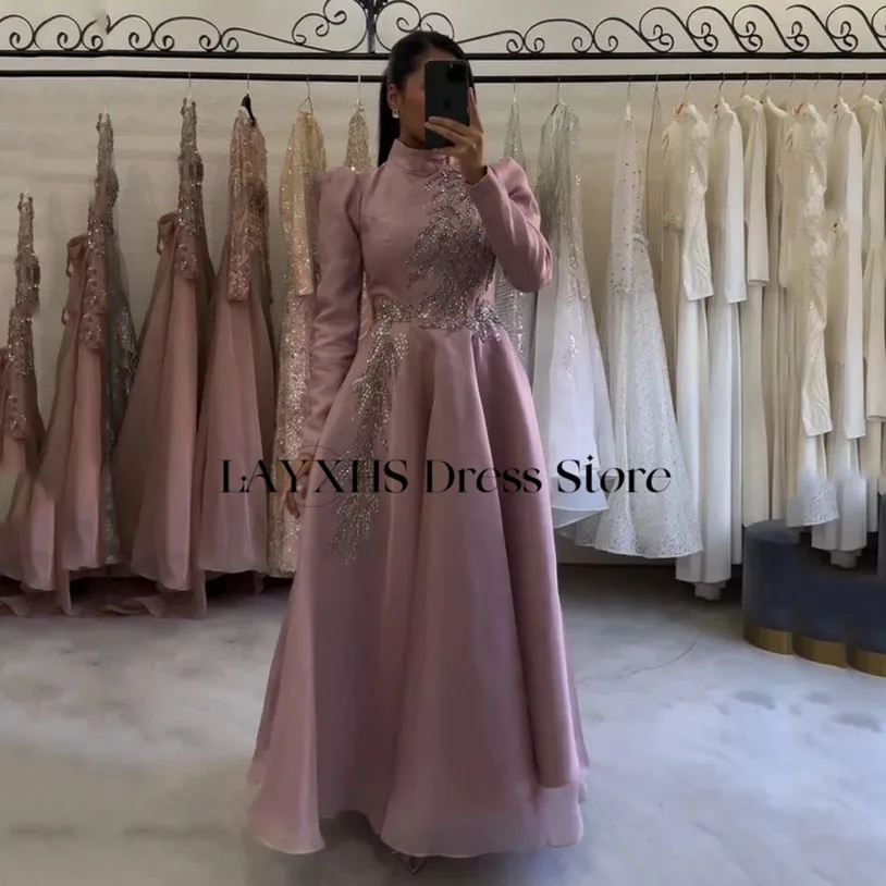 LAYXHS Luxury High Neck Evening Dresses Pink A-Line Long Sleeves Sequins Prom Dresses Customized فستان سهرة نسائي