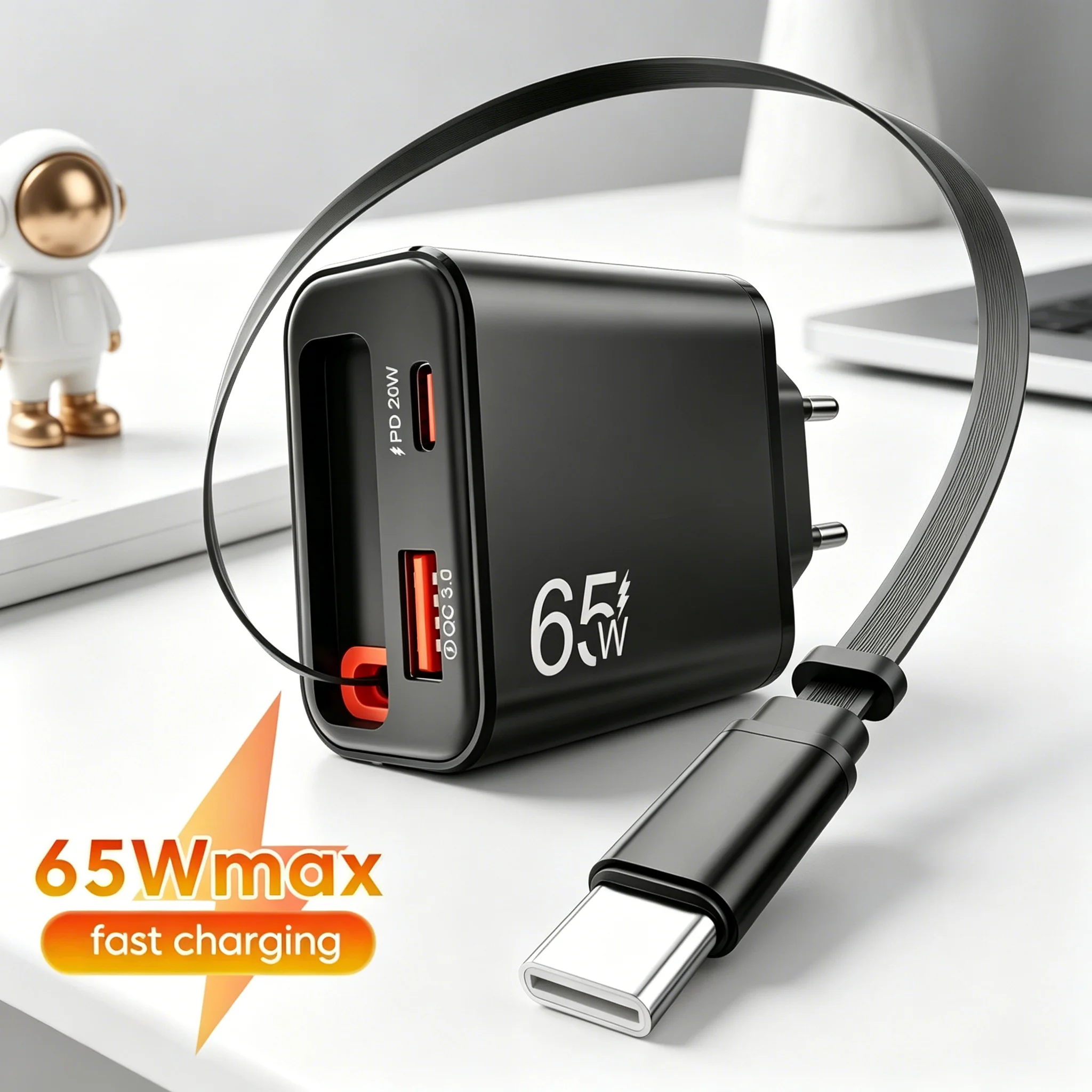 Chargeur mural USB 65W avec câble Type C rétractable à charge ultra-rapide pour iPhone 17 16 POCO Xiaomi QC 3.0 USB PD