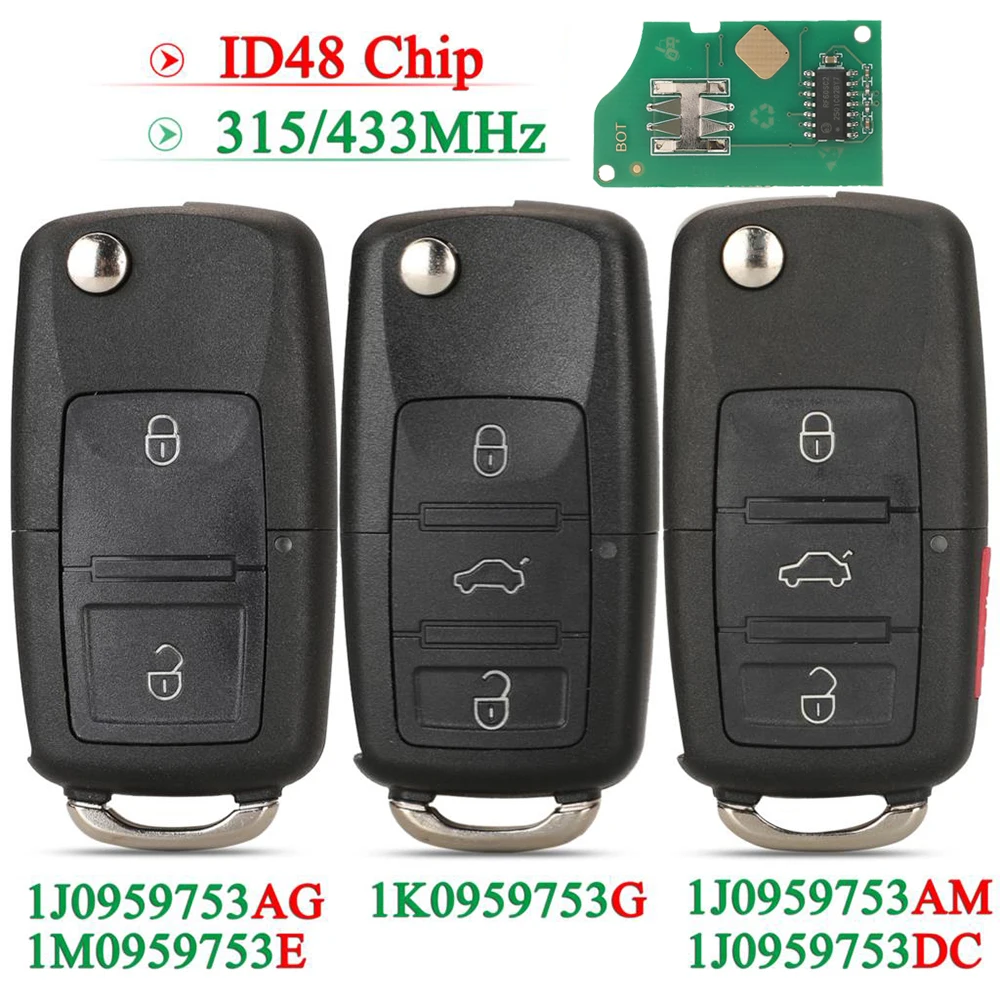 Jingyuqin 2/3/4BTN 1J0959753AG/AM 1M0959753E For VW For SEAT Altea Ibiza Leon Toledo T5 315/434MHz Flip Remote Key ID48 Chip FOB