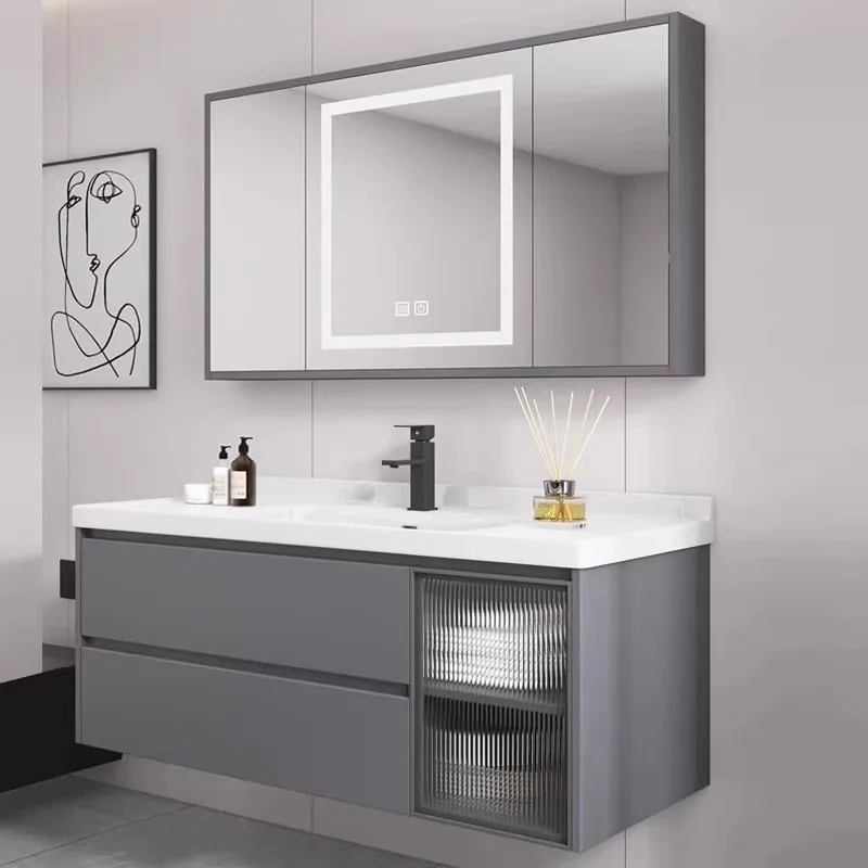 LLMM hidden feng shui mirror bathroom cabinet combination ceramic integrated basin bathroom solid wood washbasin