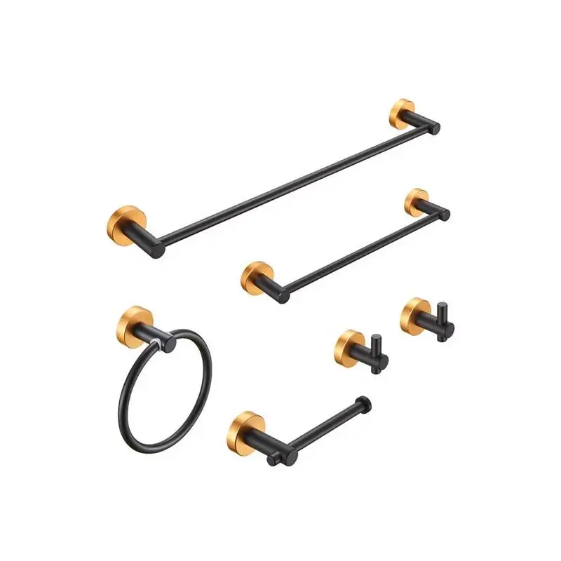 مجموعة أدوات المناشف المكونة من 6 قطع من الألومنيوم السميك، مثبتة على الحائط، 24 بوصة، لمسة نهائية باللونين الأسود والذهبي، مثالية لترقية أجهزة الحمام
