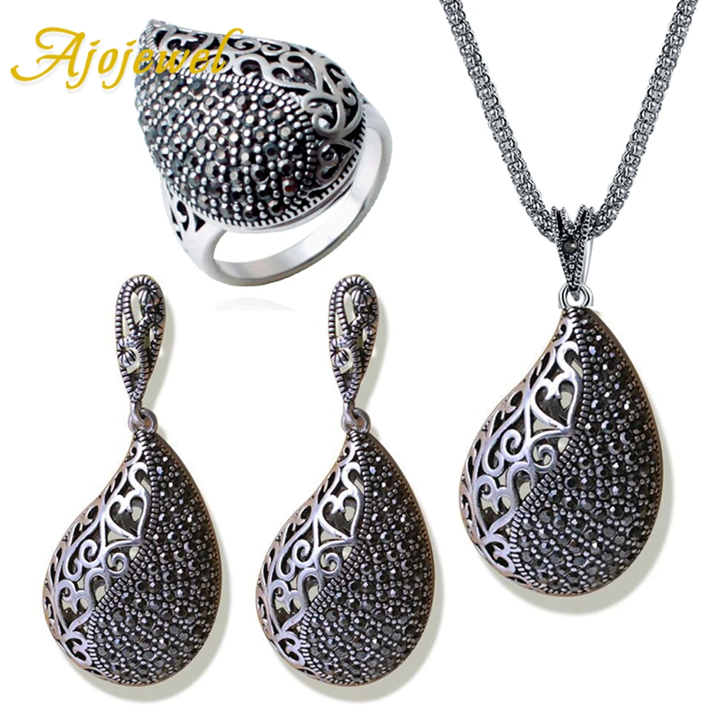 Ajojewel Luxury Chunky Waterdrop Jewelry Set Vintage Hollow Earrings And Necklace Ring Size 7 8 9 High Quality Gifts For Women