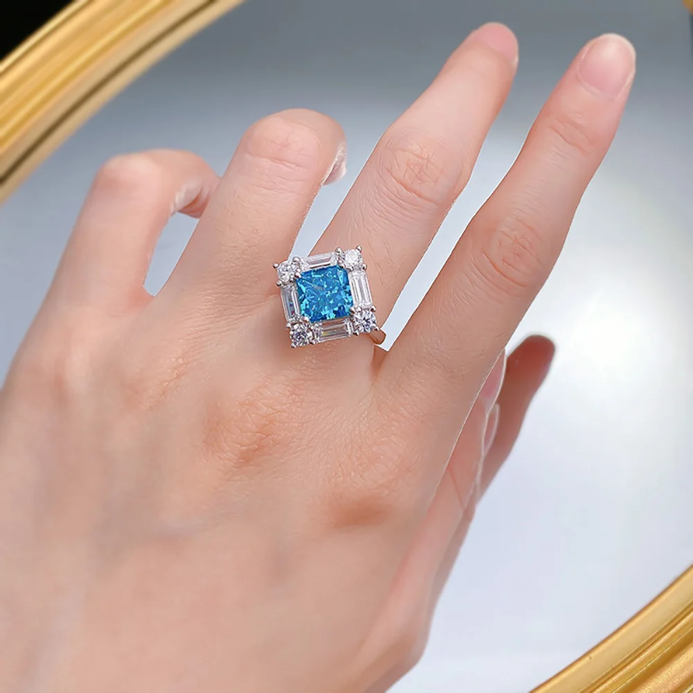 Imagem -05 - Anéis de Diamante Quadrados de Prata Esterlina para Mulheres Pedra Preciosa Aquamarine Anel de Casamento Joia Fina de Festa Nova Tendência 8x8 mm 2023 925