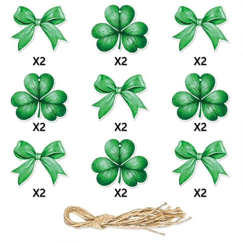 Pack of 18 Patricks Day Green Shamrock Bowknot Paper Labels Gift Tagged Ornaments for Tree and Irish Holiday Decors