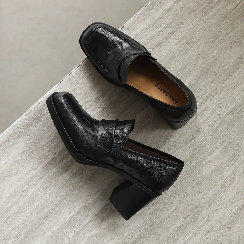 LIHUAMAO leather block heel slip on loafer shoes women shoes chunky heel pumps outdoor footwear square heel shoes