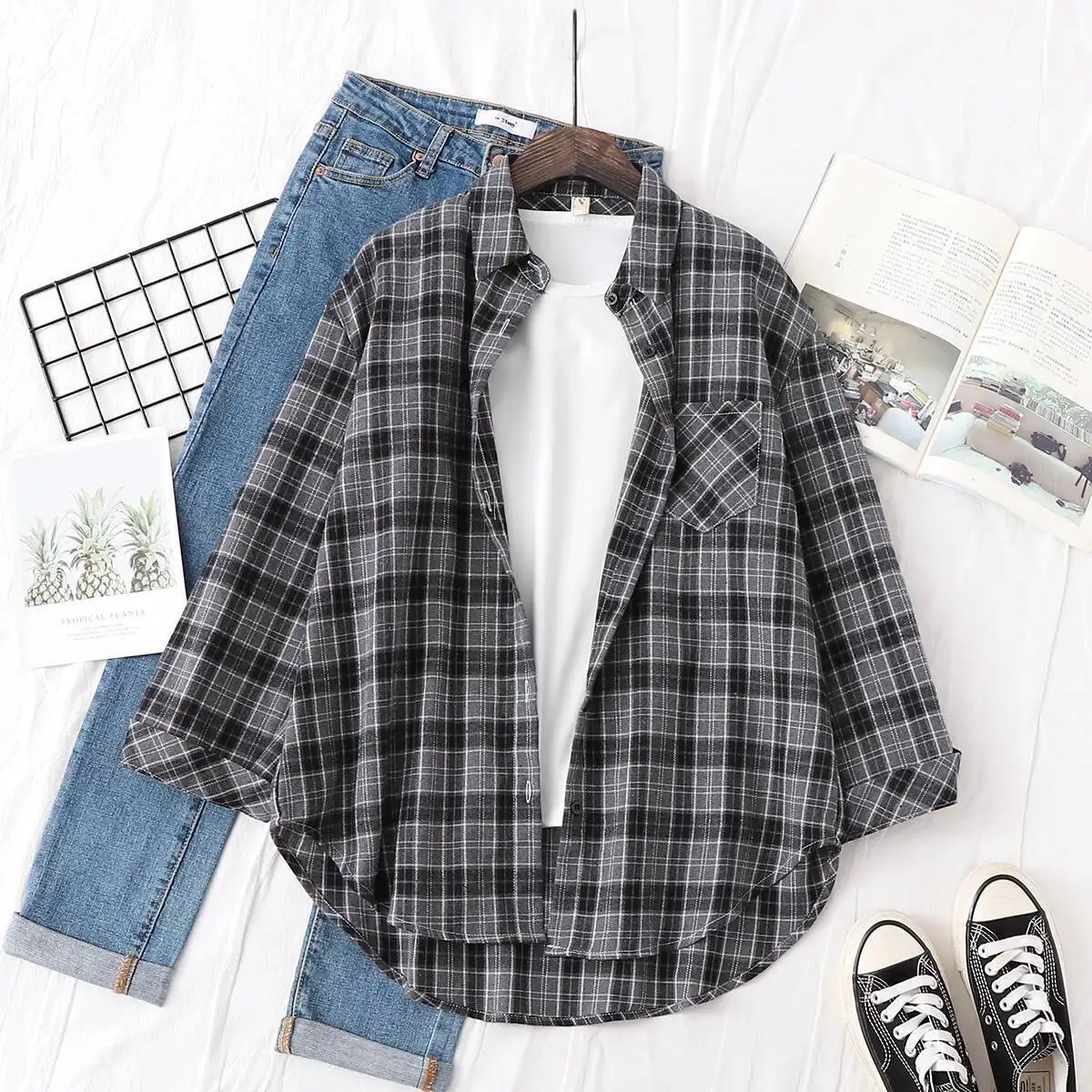 Elegante Vrouwen Plaid Shirt 2024 Nieuwe Dames Grote Maat Casual Losse Lange Mouw Blouse & Tops Vrouwelijke Revers Gecontroleerd kleding