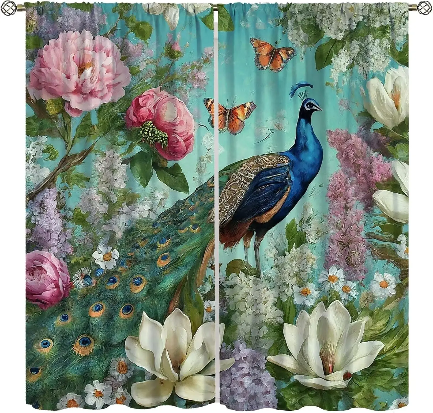 Retro Peacock Curtains,Spring Nature Garden Romance Watercolor Peony Flower Butterfly Beautiful Bird Decor Window Treatments