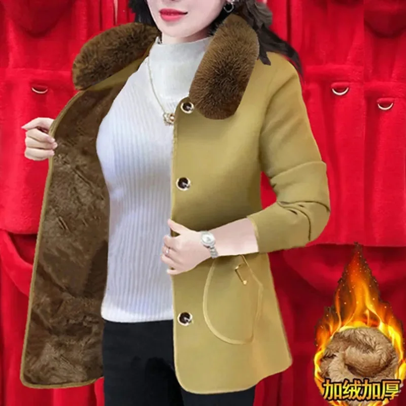 Autumn Winter Mom High End Cold Warm Outerwear Women's Fur Collar Detachable With Added Velvet Thickened New Western-style Coat