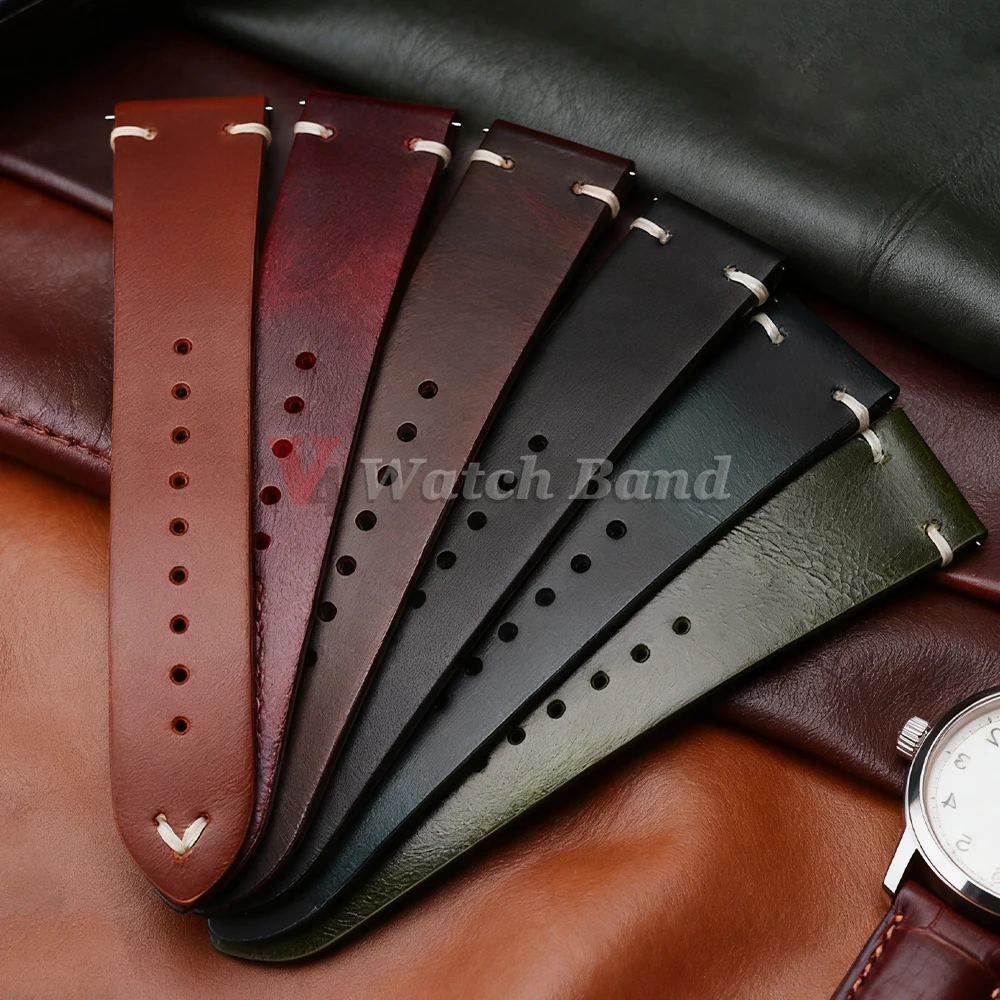 Vintage Oil Wax Leather Watch Band 18mm20mm 22mm Bracelet for Seiko Cowhide Strap for Omega Butterfly Buckle Stitching Watchband image 3
