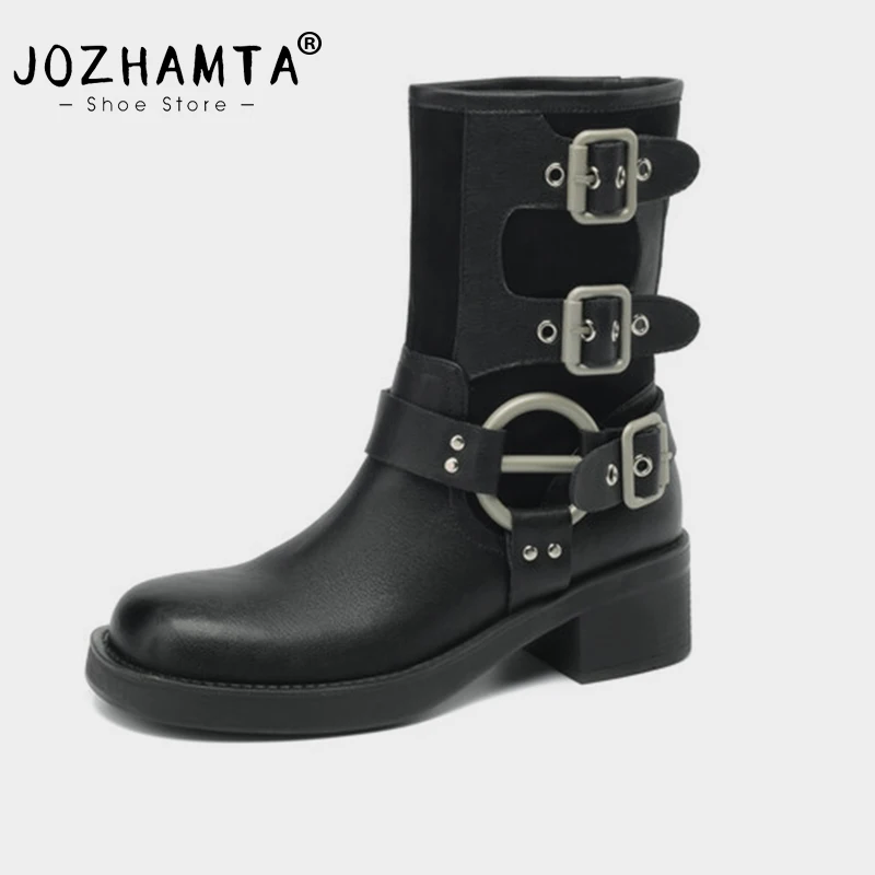 

JOZHAMTA Popular Women Short Boots Genuine Leather Metal Buckle Platforms Shoes Woman Casual Autumn Winter Motorcycle Boots