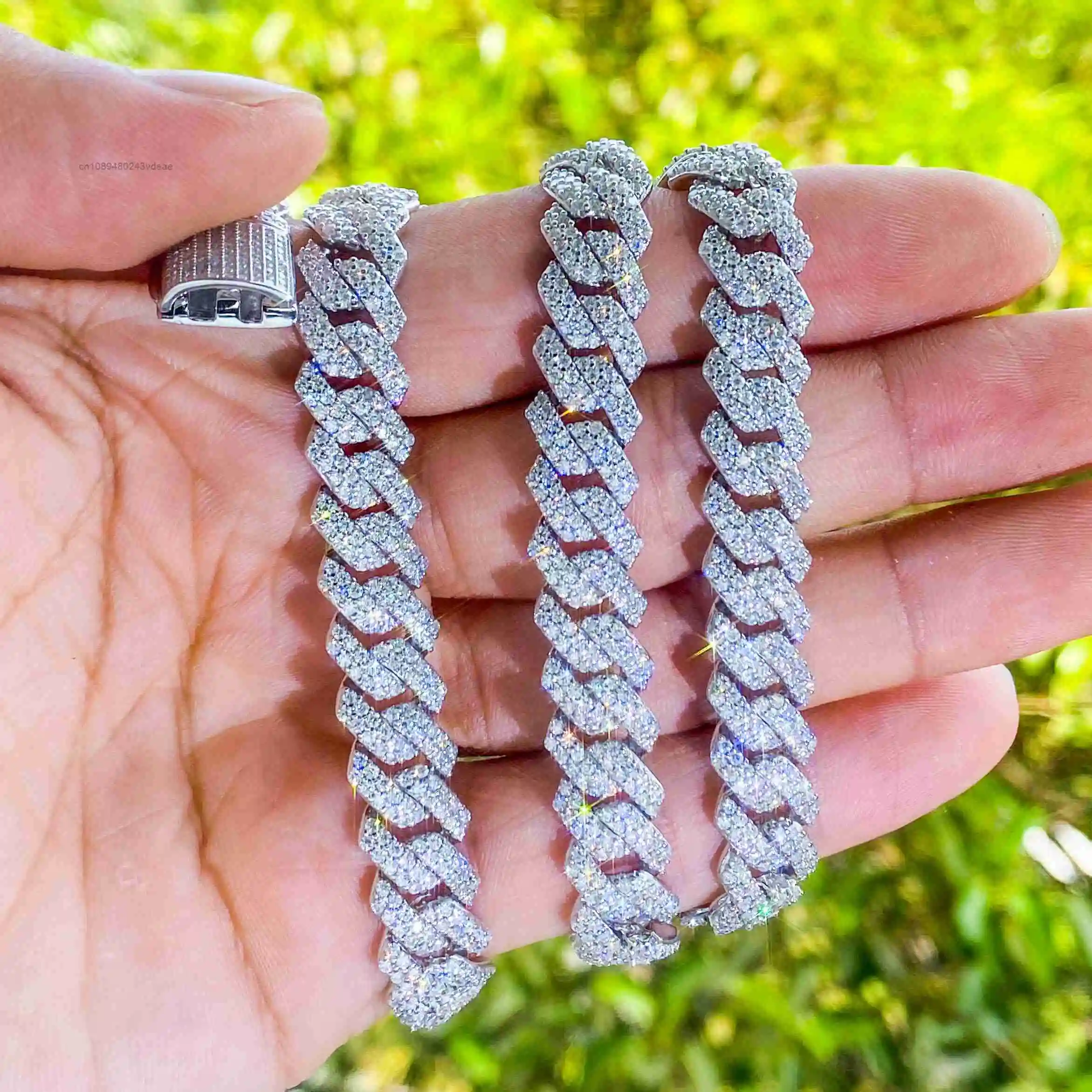 

Wholesale15mm 3 Row Stone Moissanite 925 Sterling Silver Iced Out Hip Hop Miami Cuban Link Chain Necklace Moissanite Cuban Chain