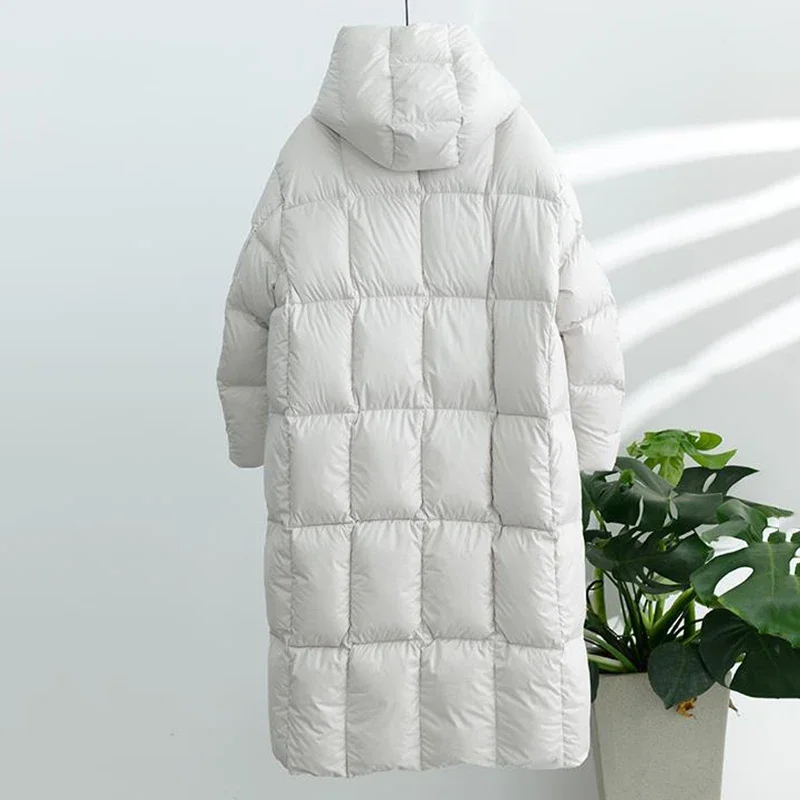 المرأة طويلة الأبيض بطة أسفل سترة شتاء دافئ سميكة طويلة معطف منتفخ أبلى معطف الصلبة عادية فضفاض طول الركبة معطف #4
