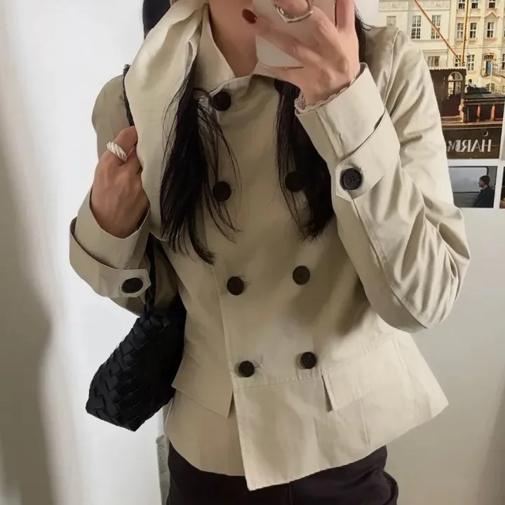 Korean Style Chic Short Double Breasted Collarless Jacket Retro British Style Versatile Simple Design Polyester Fiber Coat