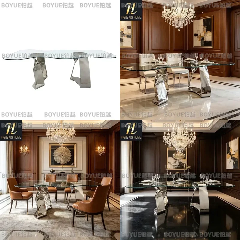 Luxury Italian Art Glass Dining Table Unique Shaped Stainless Steel Base Modern Creative Villa Furniture High End Home Decor