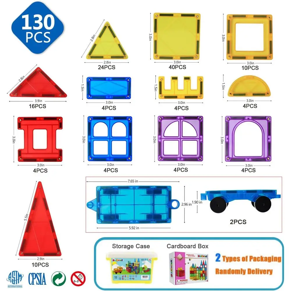 130ピース 磁気ブロックセット 4歳から10歳向け、男の子と女の子のための教育用磁気タイルおもちゃ