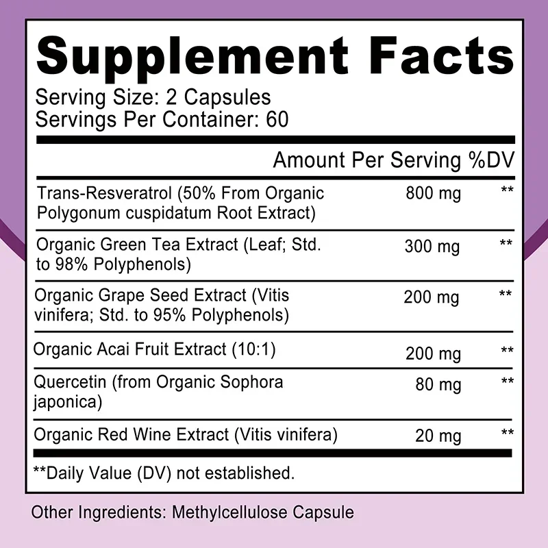 Resveratrol Capsules - Antioxidants Promote Healthy Aging, Support Brain Function and Heart Health, and Replenish Energy