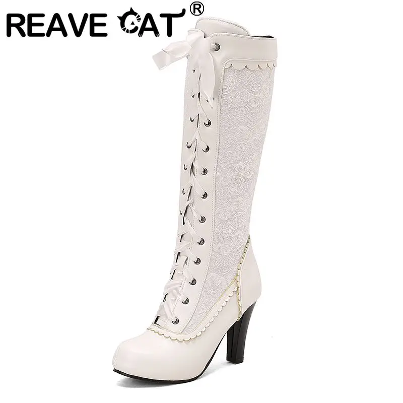 

REAVE CAT 2025 Симпатичные женские сапоги до колена на массивном каблуке 9,5 см на молнии на шнуровке Большие размеры 46 47 48 49 50 Стильные черные свидания
