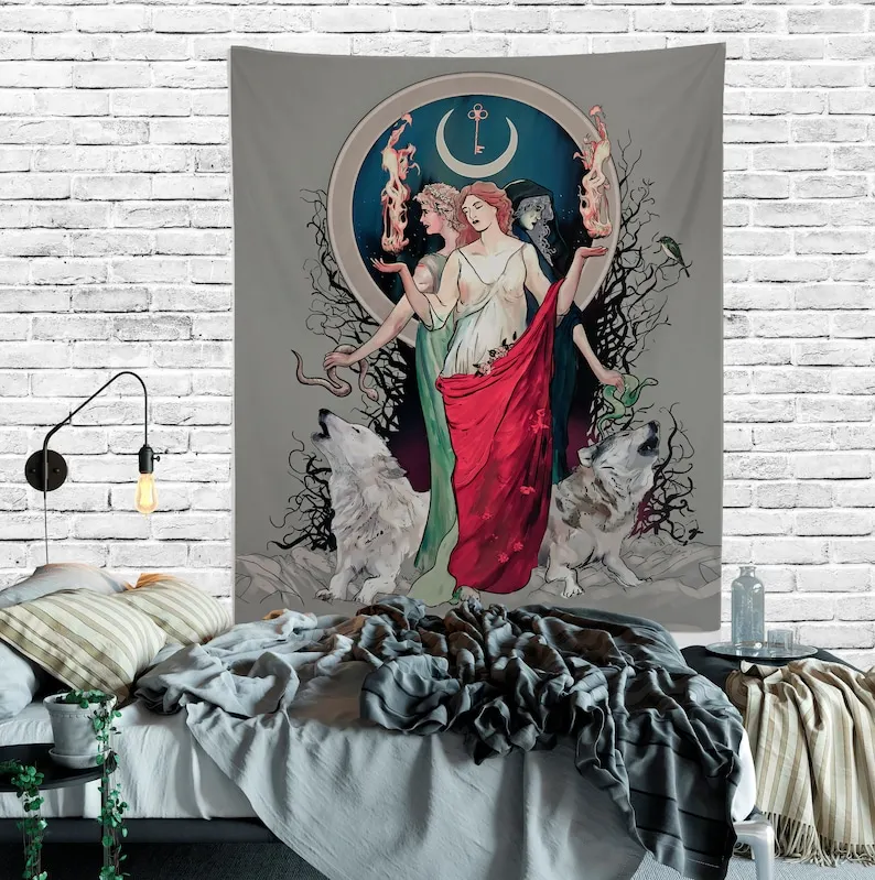 Hecate - Red Dress - Moon Goddess Art Hecate Tapestry Moon and Wolves Tapestry Witchy Art Black and White Gothic Art