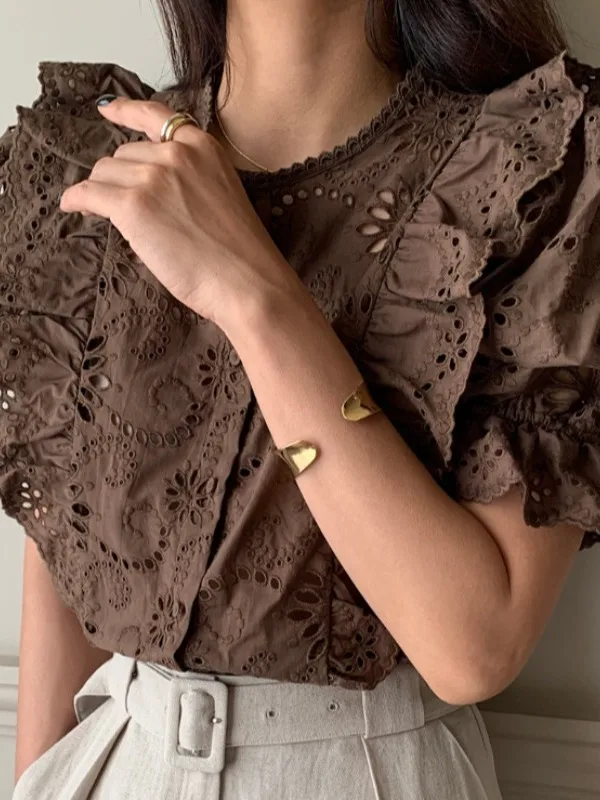 

Chic Summer Court Sle Heavy Embroidery Hollow out Hook Flower Loose Versatile Lace Trim Bubble Sve Women's irt