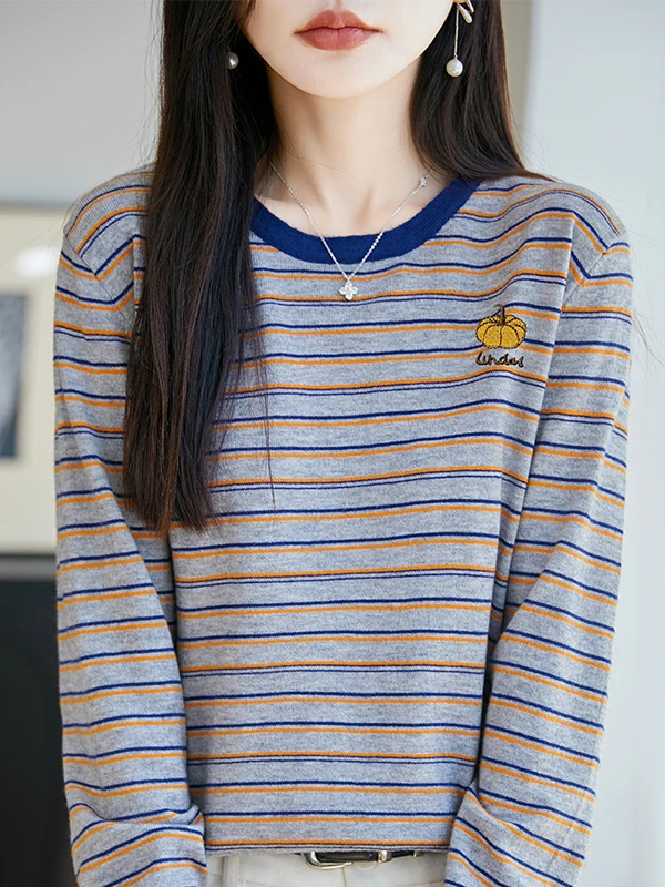 Women's Long Sleeve Knitted Sweater Embroidered Contrast Color Collar Loose Fit Autumn Winter round Neck Base Shirt Inner Wear