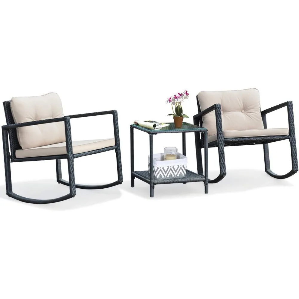 

3-х предметный плетеный набор-качалка для патио, уличные кресла-качалки и набор столов с подушками, стеклянный журнальный столик с полкой для хранения, S