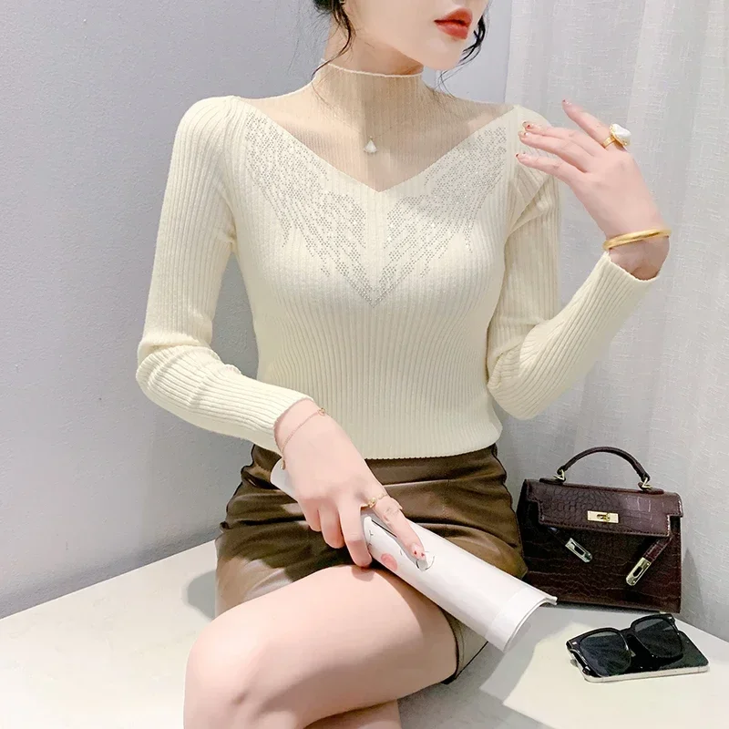 Ladies Fashion Mesh Splicing Beading Pullover Sweater Women Clothing Girls Autumn Casual Knitwear Female OL Sweaters PAH8152