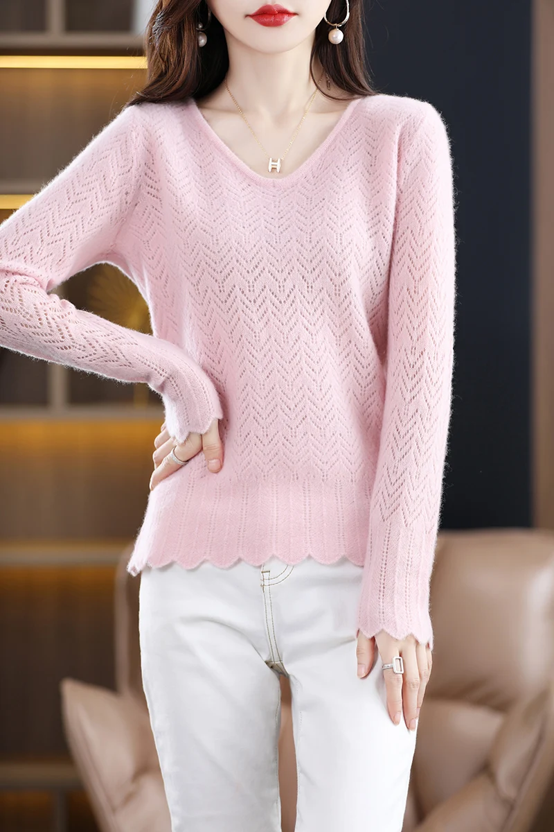 2023 Spring and Autumn Pure Woolen Sweater V-neck Pullover Solid Color Hollow Wooden Ear Cuff Sweater Knitted Underlay Women's T