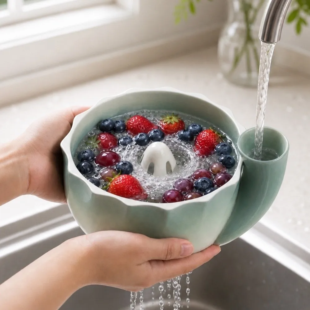 Ceramic Automatic Fruit Washing Bowl Large Capacity Self-spinning Swirl Berry Washing Drain Bowl Central Flow Guide Quick Drain
