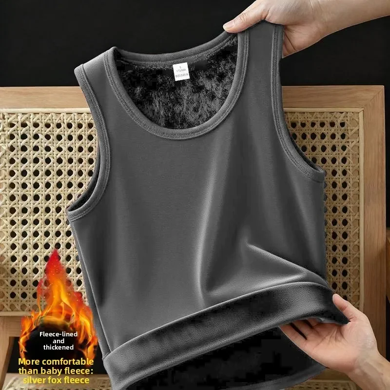 Winter-Thermoweste für Herren in Übergröße, mit Fleece gefüttert, dick, warm, ärmelloses Unterhemd, lässig – Detail 2