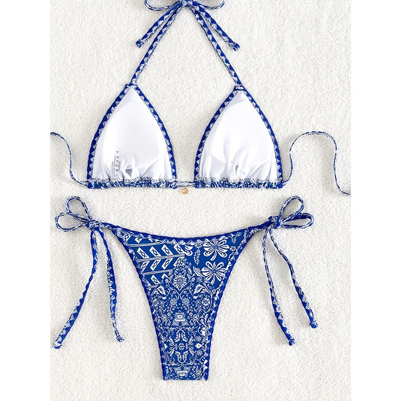 Halter Print String Bikini Set Frauen Zwei Stücke Zurück Krawatte Tanga Badeanzüge Bademode Badeanzug Bademode Biquini